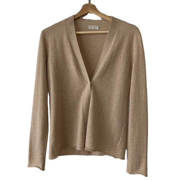 Brunello Cucinelli Sweaters - LUXE Brunello Cucinelli Pure Cashmere Medium Tan/Beige Cardigan Sweater Top